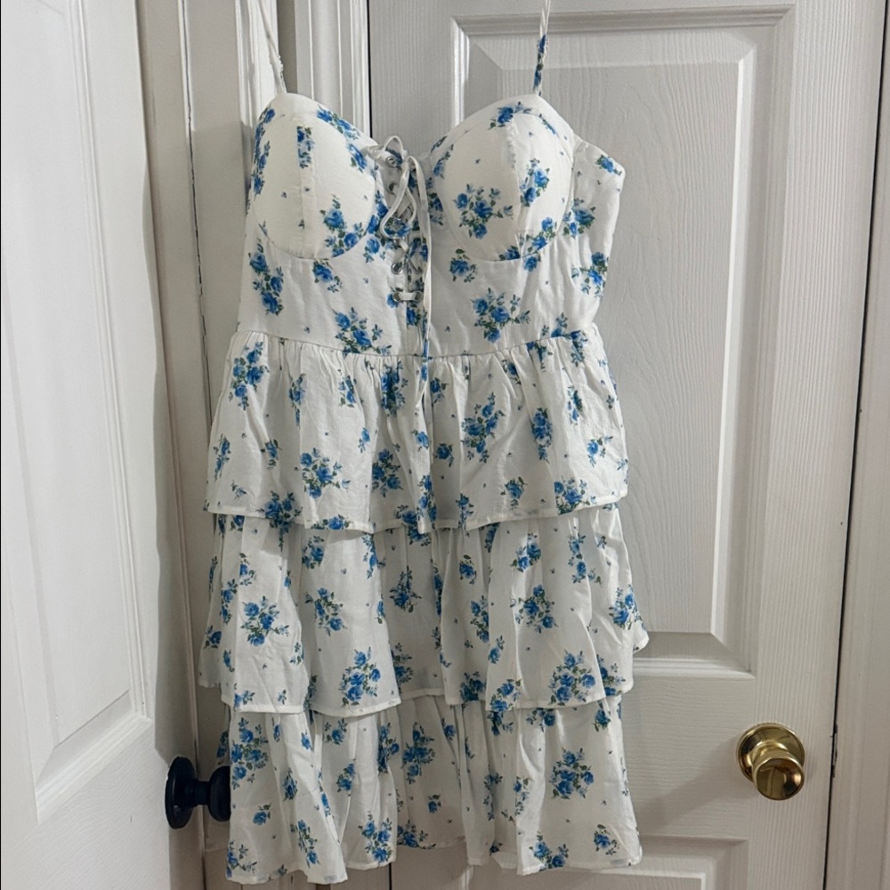 Blu Pepper White Dress with Blue Floral Print